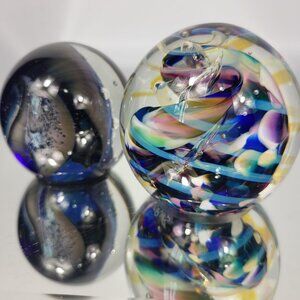 LOT OF 2~ SIGNED KARG / R STRONG ART GLASS PAPERWEIGHT BLACK BLUE PINK PURPLE